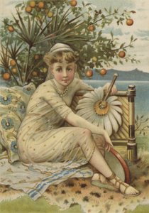 Girl with Fan Sitting Under Orange Tree by English School