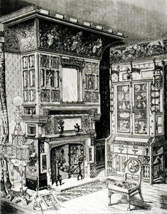 Gothic cabinet and a highly decorated chimney piece from part of a room set by Cox & Sons for Philadelphia