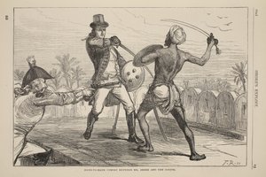 Hand-to-hand combat between Mr. Shore and the Goojur, illustration from Cassell