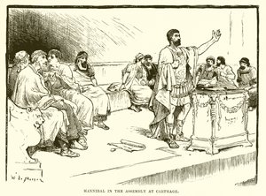 Hannibal in the assembly at Carthage by English School