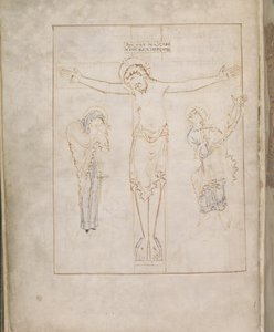 The Crucifixion; with the Virgin, and St. John inscribing his testimony on a scroll, from the Ramsey Psalter, c.900-1000 by English School