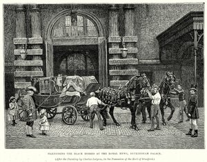 Harnessing the Black Horses at the Royal Mews, Buckingham Palace by English School