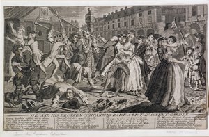 He and His Drunken Companions Raise a Riot in Covent Garden, 1735