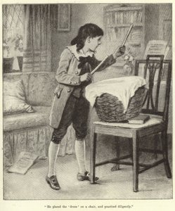 He placed the drum on a chair, and practised diligently by English School