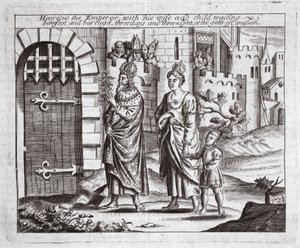 Henricus the Emperor with his wife and child waiting, barefoot and barelegged, three days and three nights at the gates of Canusuam, illustration from Acts and Monuments by John Foxe, ninth edition by English School