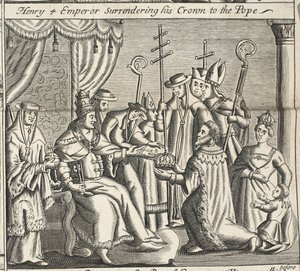 Henry 4 Emperor surrendering his crown to the Pope, illustration from Acts and Monuments by John Foxe, ninth edition, pub. 1684 by English School