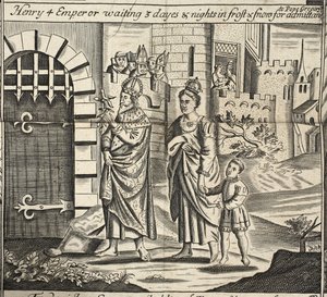 Henry 4 Emperor waiting 3 days and nights in frost & snow for admittance to Pope Gregory, illustration from Acts and Monuments by John Foxe, ninth edition, pub. 1684 by English School