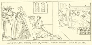 Henry and Anne sending tokens of favour to the sick Cardinal by English School
