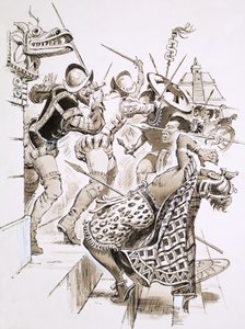 Hernando Cortes and his soldiers resist Aztec attacks by English School