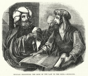 Hilkiah presenting the Book of the Law to the King (engraving) by English School