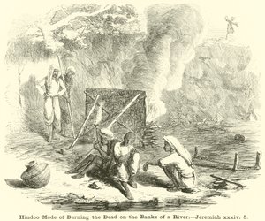 Hindoo Mode of Burning the Dead on the Banks of a River by English School