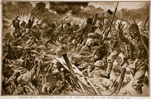 Hooded British Territorials Charging the German Trenches at Loos, September 25th, 1915, 1914-19 by English School