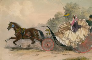 Horse and carriage at speed with a lady at the whip; prostitution by English School