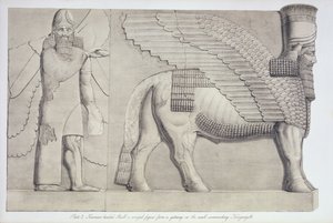 Human-headed Bull and winged figure from a gateway on the wall surrounding Koujunjik (plate 3) from Nineveh and its Remains by Austen Henry Layard published 1849 by English School