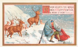 Hunter and Stags in the snow by English School