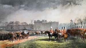 Hyde Park - The Princess passing the lines of the volunteers, 7th March 1863, from A Memorial of the Marriage of Edward VII and Alexandra of Denmark