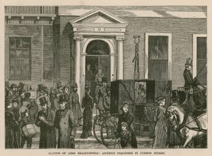 Illness of Lord Beaconsfield: anxious inquirers in Curzon Street, London by English School