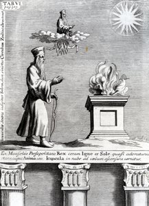 Illustration of Zoroaster worshipping fire and the sun by English School