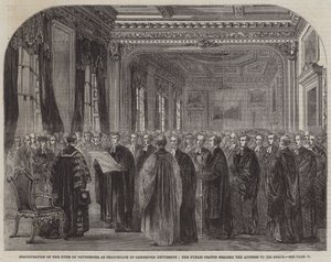 Inauguration of the Duke of Devonshire as Chancellor of Cambridge University, the Public Orator reading the Address to His Grace by English School