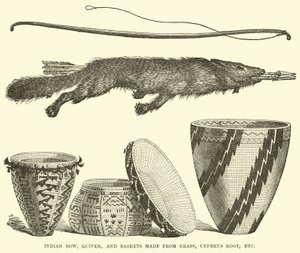 Indian bow, quiver, and baskets made from grass, Cyperus root, etc by English School