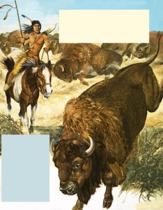 Indian chasing down a buffalo by English School