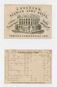 J Pearson, Warwick Arms Hotel, Trade Card by English School