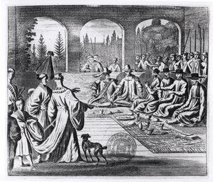 Jesuits with Dutch and Portuguese merchants at the court of the Japanese Emperor, illustration from A Memorable Embassy to the Emperor of Japan by Arnold Montanus, published in London 1670