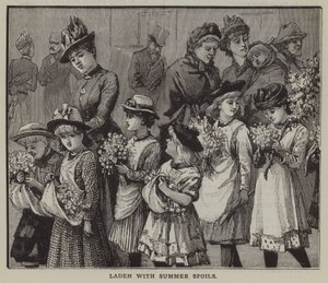 Laden with summer spoils: a group of city children after a summer trip to the countryside by English School