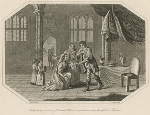 Lady Gray imploring King Edward IV for maintenance for herself and children by English School