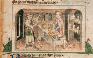 Lady Hagiography shows a pilgrim her display of salves and toilet articles, illustration from the English translation of the Pilgrimage of the Life of Man by Guillaume Deguileville, c.1430-50 by English School
