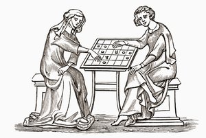 Lady and youth playing draughts, or checkers, in the early 14th century by English School