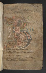 Large initial with beast-head terminals, interlace and foliate decoration in pink, orange, yellow, green and blue by English School
