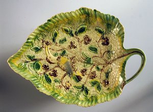 Leaf-shaped Dish Decorated with Vines and Exotic Bird by English School