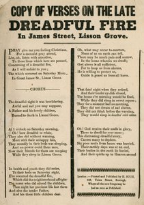 Leaflet with verse relating to a fire in James Street, Lisson Grove, London by English School