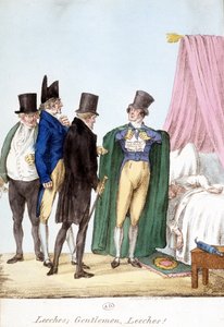 Leeches, Gentlemen, leeches: English humorous drawing on a doctor sure of himself, with a sick ill by English School