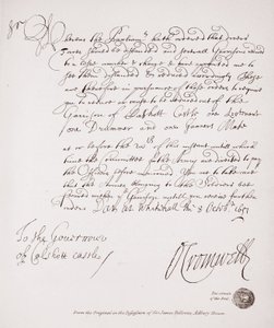 Letter to the Governor of Calshott Castle from Oliver Cromwell, 1651, facsimile from the original in the possession of Sir James Fellowes, Adbury House by English School