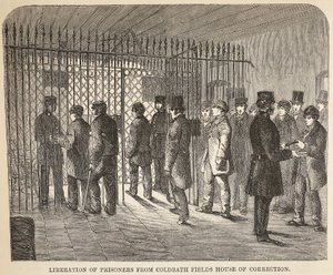 Liberation of prisoners from Coldbath Fields House of Correction, illustration from The Criminal Prisons of London and Scenes from Prison Life by Henry Mayhew and John Binny, pub. 1862 by English School