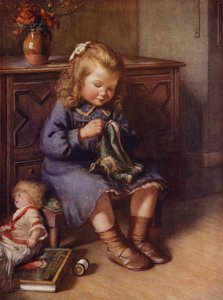 Little Girl Sewing Clothes for Her Doll
