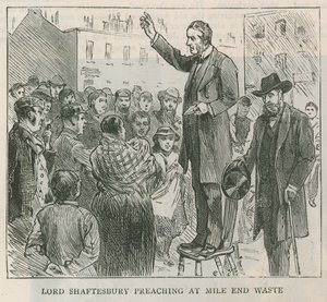 Lord Shaftesbury preaching at Mile End Waste, London by English School