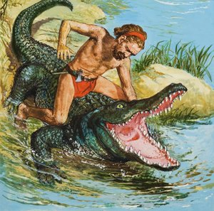 Louis, the Desert Island Castaway, attacking a crocodile