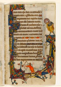 An Archer and St. John the Baptist, Marginal Decoration from the Macclesfield Psalter, Use of Sarum, East Anglia (c.1330) by English School
