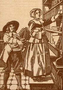 Male and female booksellers working in a 17th century bookshop by English School
