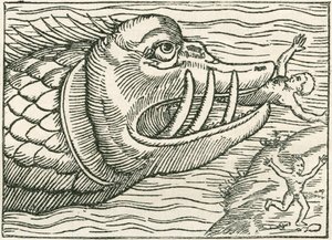 Man being eaten by a sea serpent (Illustration on the margin of a map by Olaus Magnus) by English School