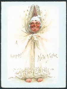 Man peeking through curtains, New Year Card by English School