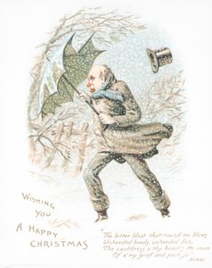 Man walking through snow in strong wind by English School