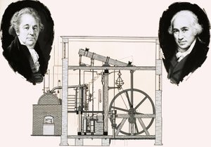 Matthew Boulton and James Watt with One of the Patented Steam Engines by English School