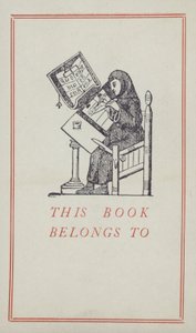 Medieval scribe working on a manuscript, book ownership label by English School