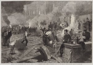 Members of the South Middlesex Rifle Volunteers Corps at Work by Torchlight in the Gardens of Burlington House, Piccadilly, clearing the Ground for Drill-Shed by English School