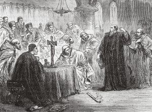 Mollio throwing down his torch before the Inquisition by English School