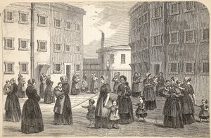 Mothers, with their children, exercising at Tothill Fields Prison, illustration from The Criminal Prisons of London and Scenes from Prison Life by Henry Mayhew and John Binny, pub. 1862